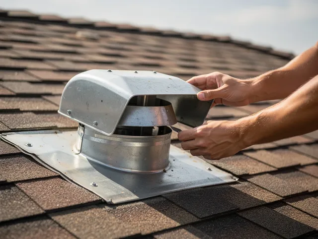 Gastonia Dryer Vent Cleaning certified technician safely cleaning a roof-mounted dryer vent in Gastonia