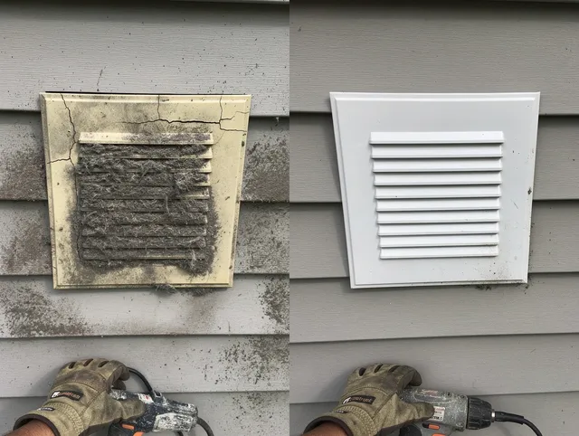 Gastonia Dryer Vent Cleaning technician installing high-quality dryer vent cover at a residential property in Gastonia
